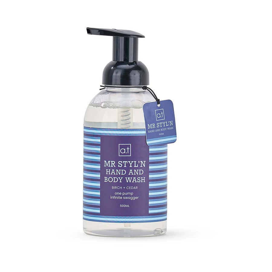 Hand and body wash bottle with pump and purple label on a white background