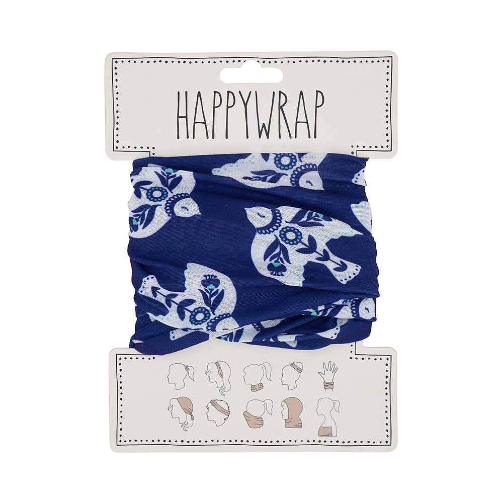 Blue neck wrap with white floral patterns on a Happywrap branded card.