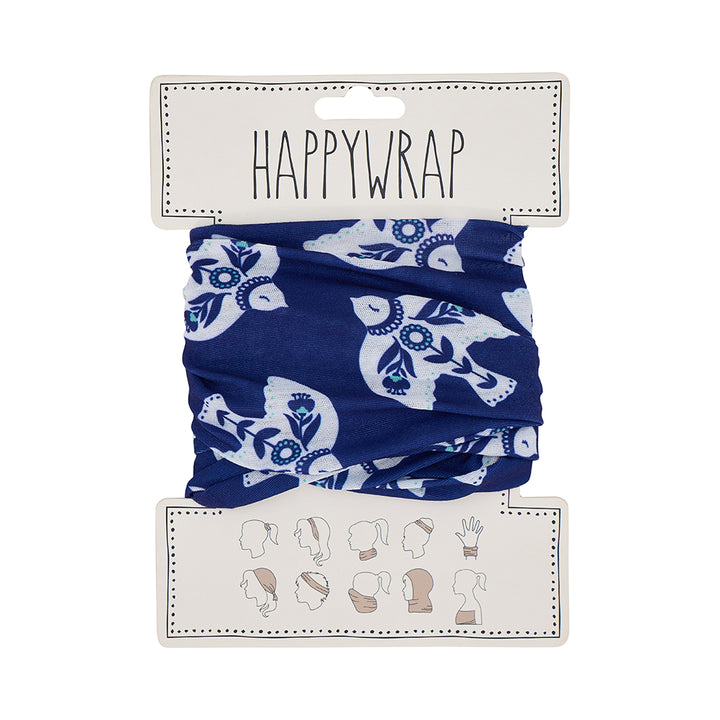 Blue neck wrap with white floral patterns on a Happywrap branded card.