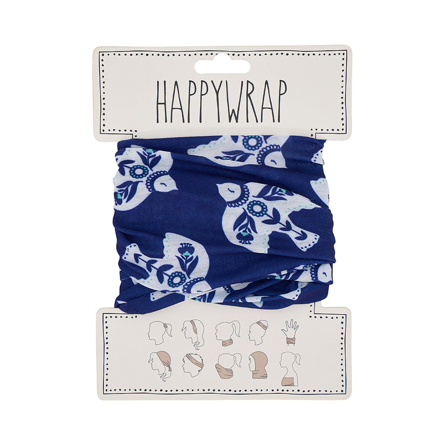 Blue neck wrap with white floral patterns on a Happywrap branded card.