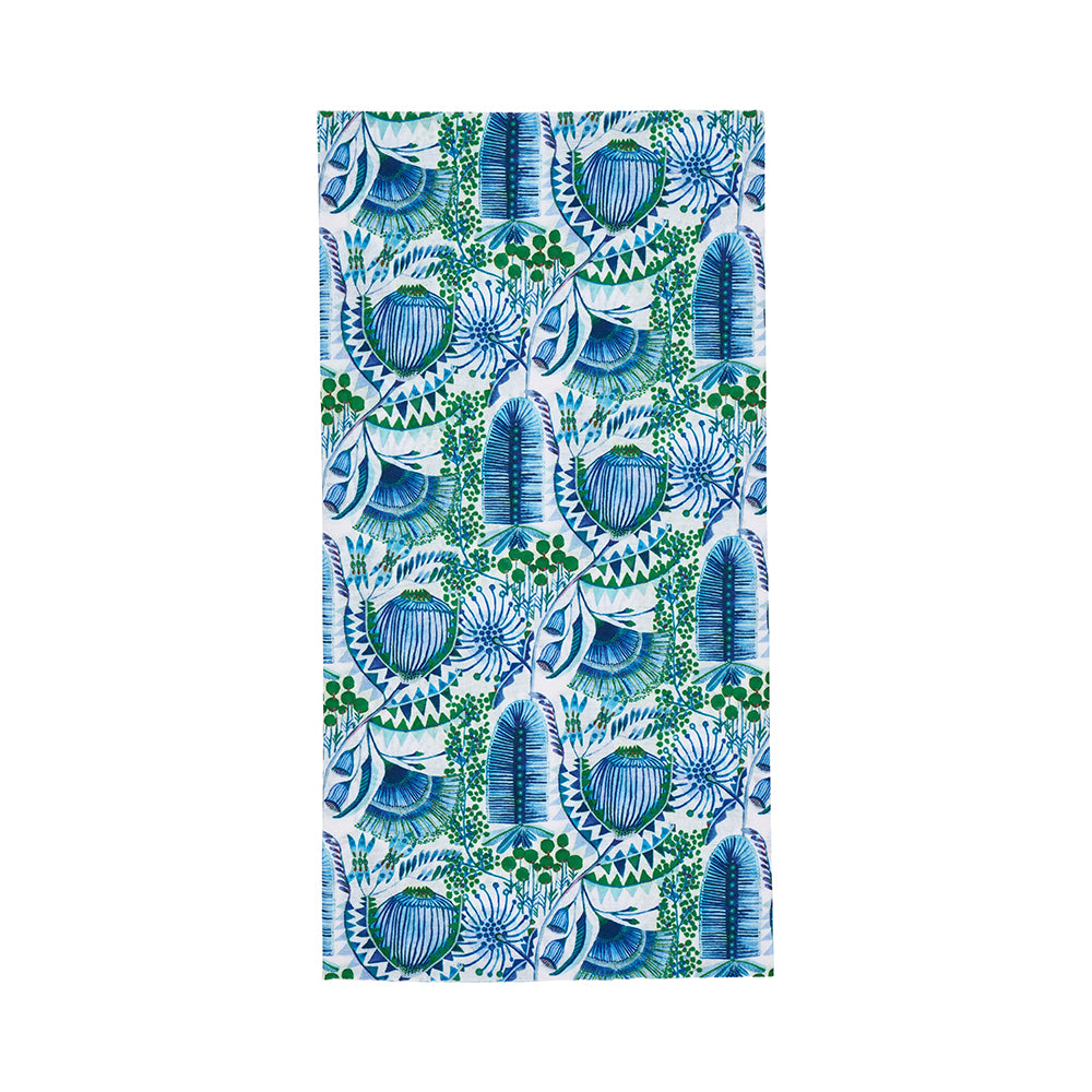Towel with blue and green floral pattern on a white background