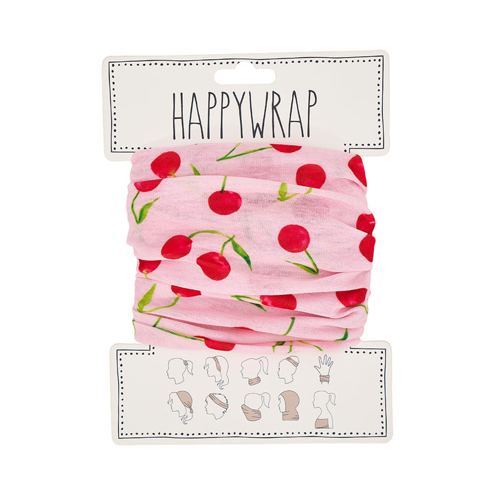 Pink headband with cherry pattern on a white background, featuring 'Happywrap' branding.