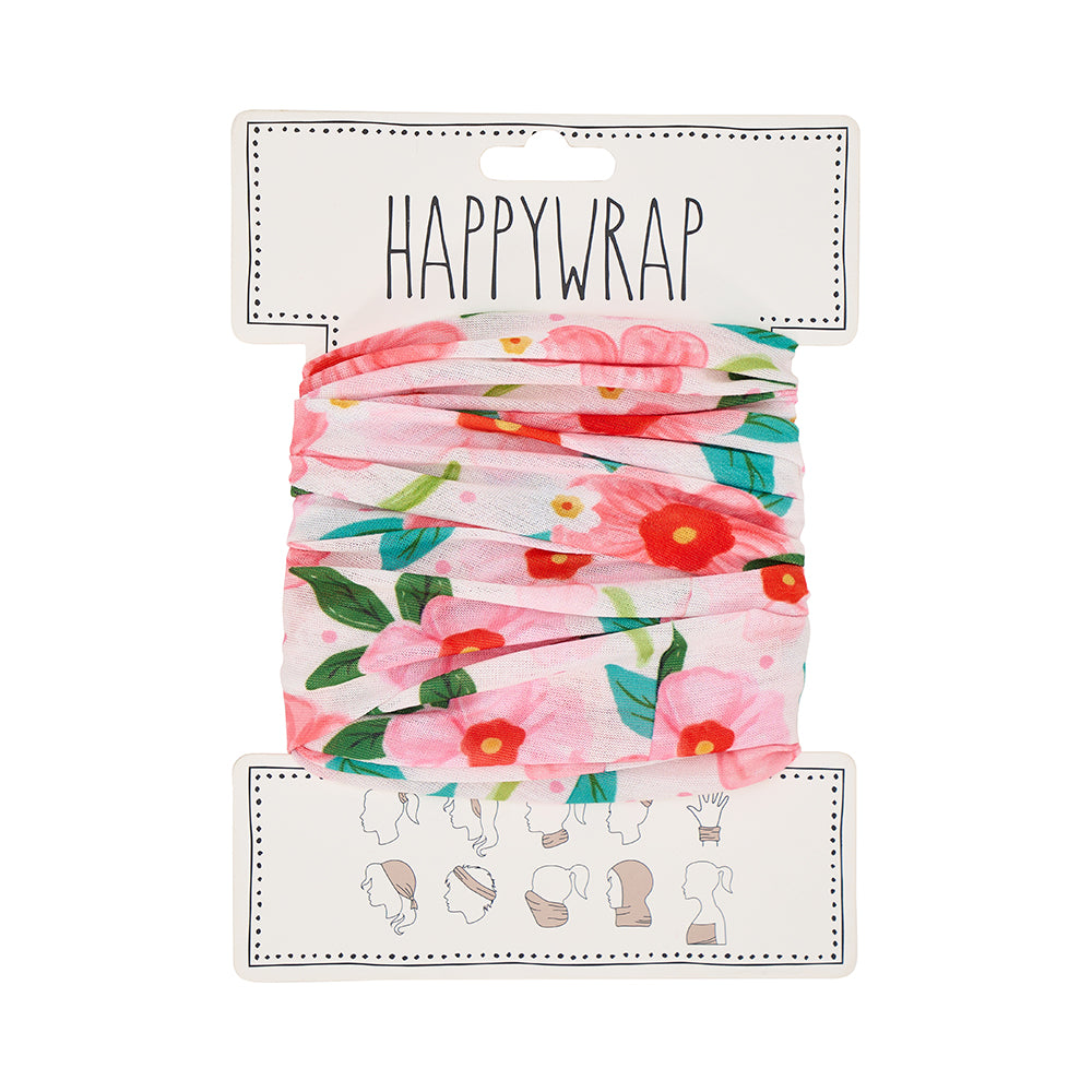 Floral headband on a Happywrap branded card with illustrations below.