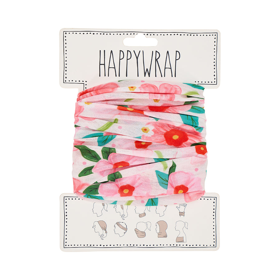 Floral headband on a Happywrap branded card with illustrations below.
