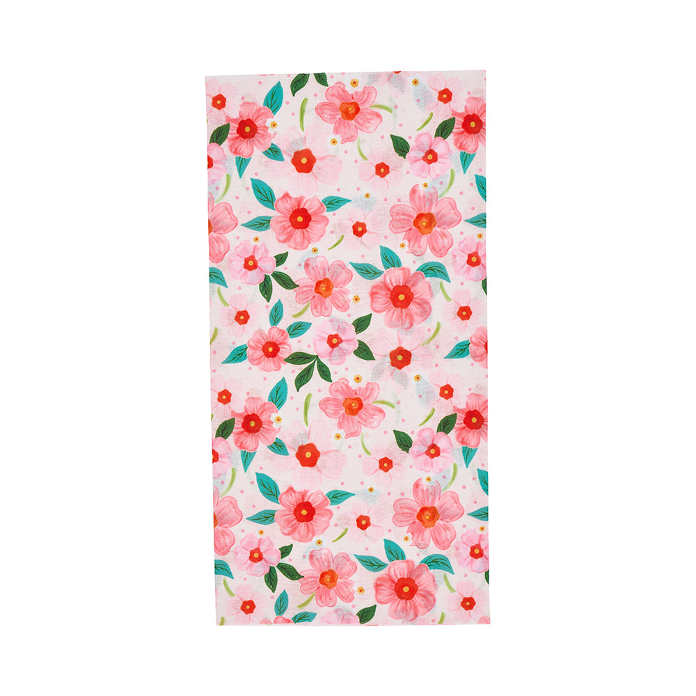 Floral patterned happywrap with pink flowers and green leaves on a white background