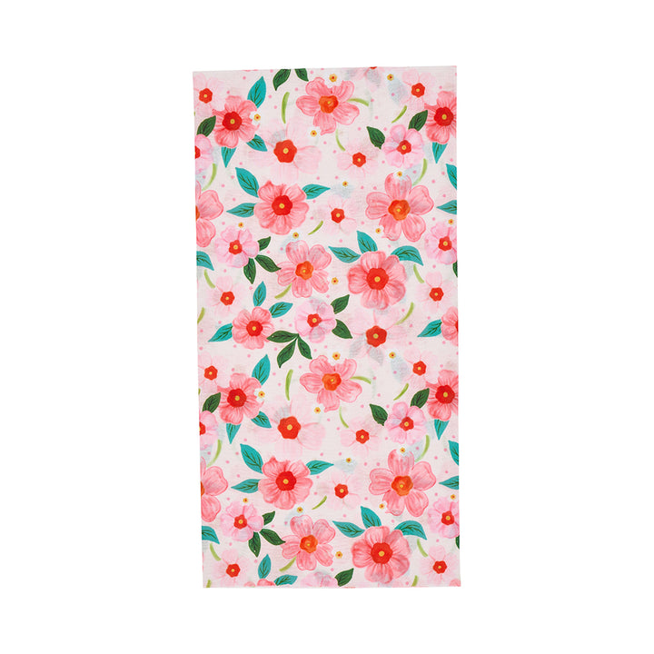 Floral patterned happywrap with pink flowers and green leaves on a white background