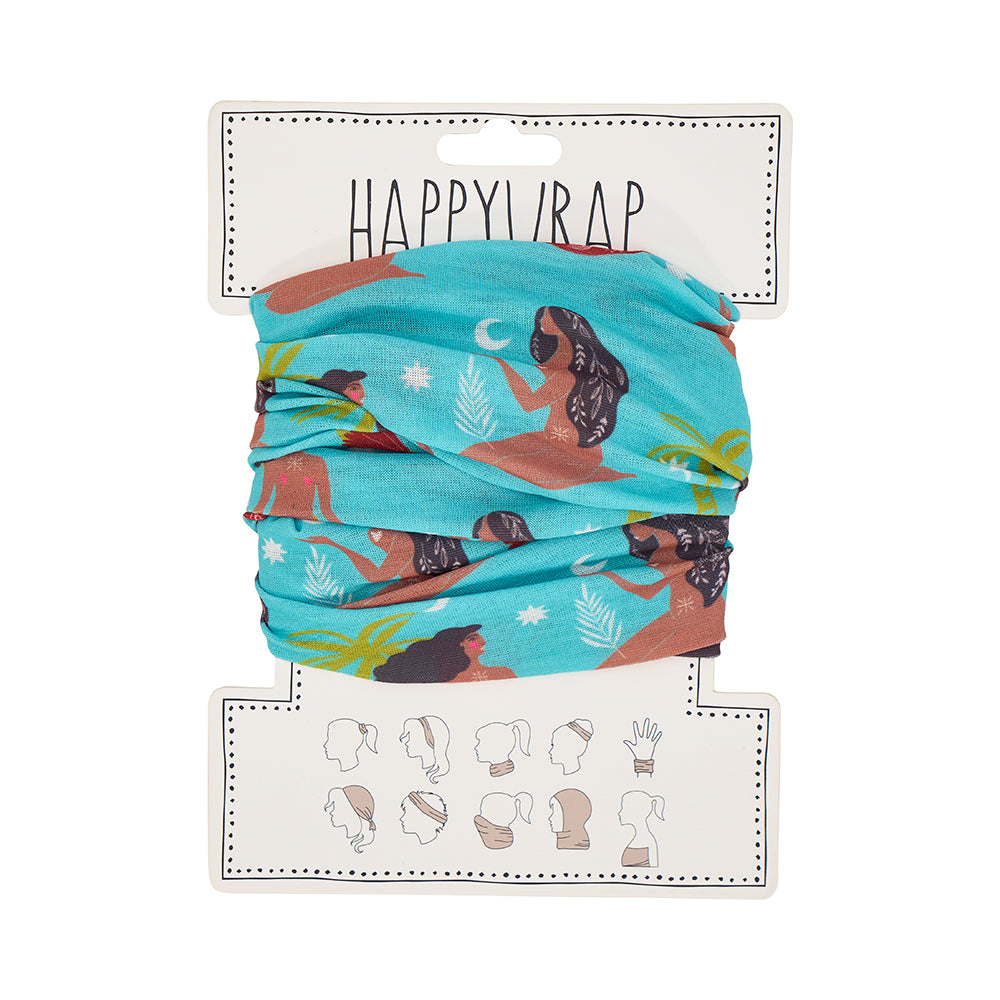 Turquoise happywrap with artistic mermaid celestial dreams design on a white background
