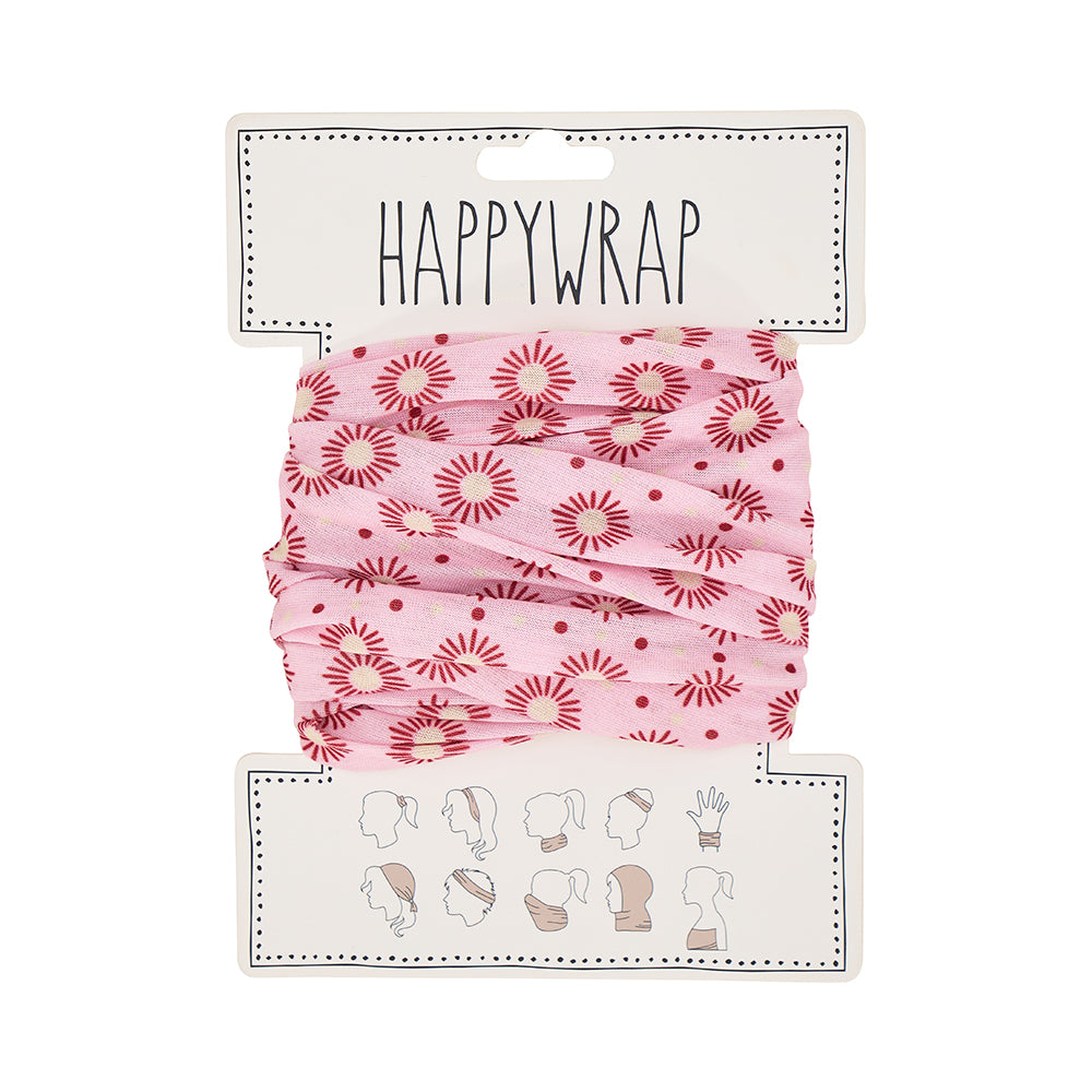 Pink happywrap with red floral pattern on a white background, featuring 'Happywrap' branding.