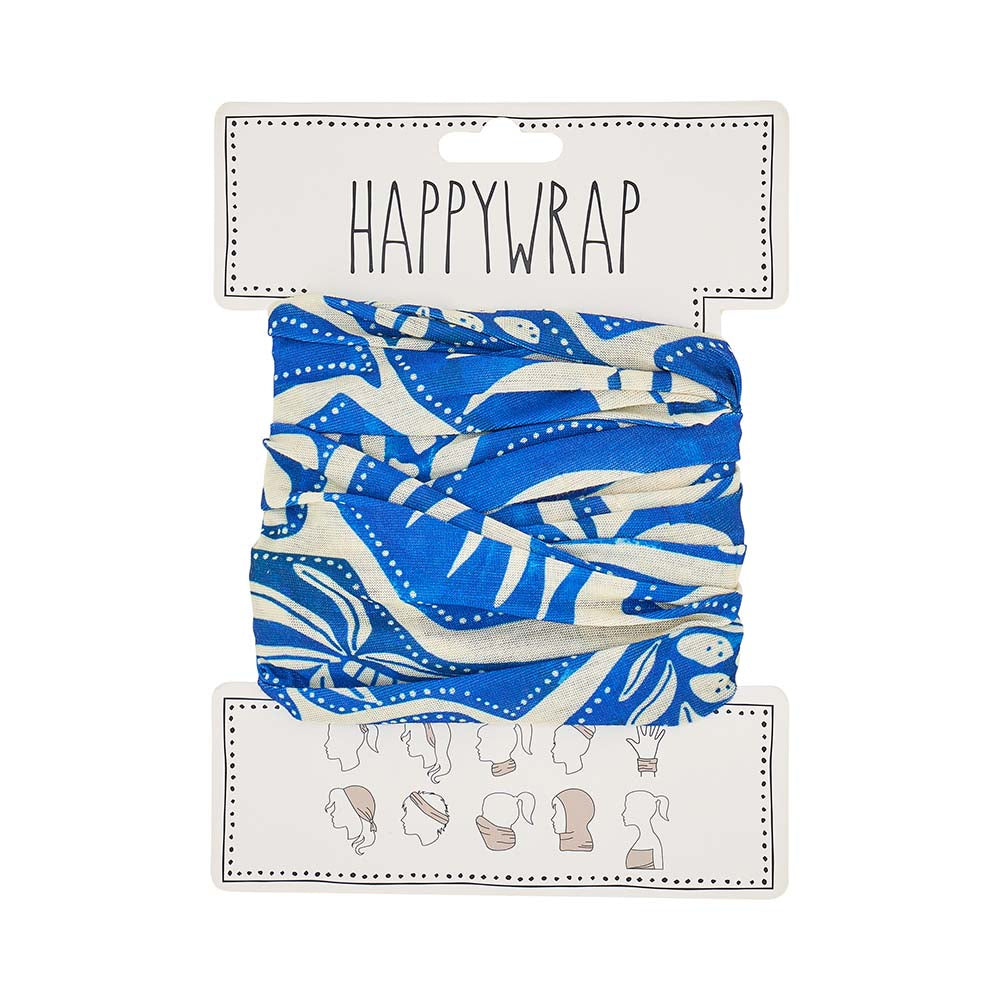 Blue and white patterned wrap with 'Happywrap' branding on a white background