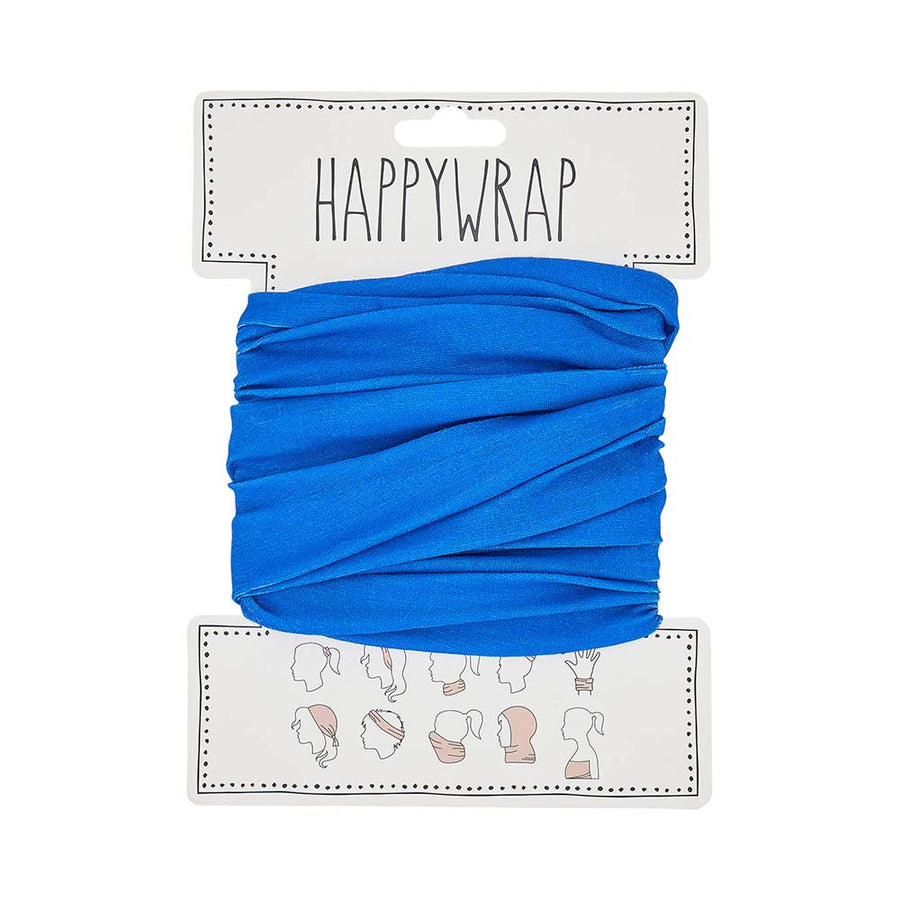 Blue headband on a Happywrap branded card with illustrations below.