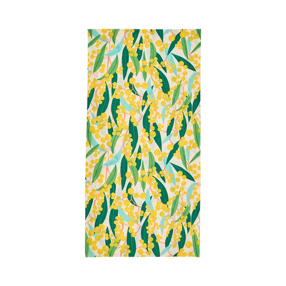happywrap with a floral pattern featuring yellow flowers and green leaves on a white background