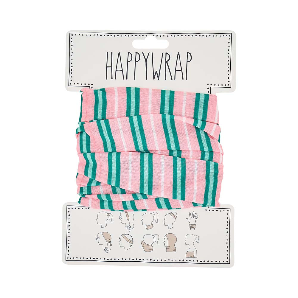 Packaged pink and green striped headbands with 'Happywrap' branding on a white background
