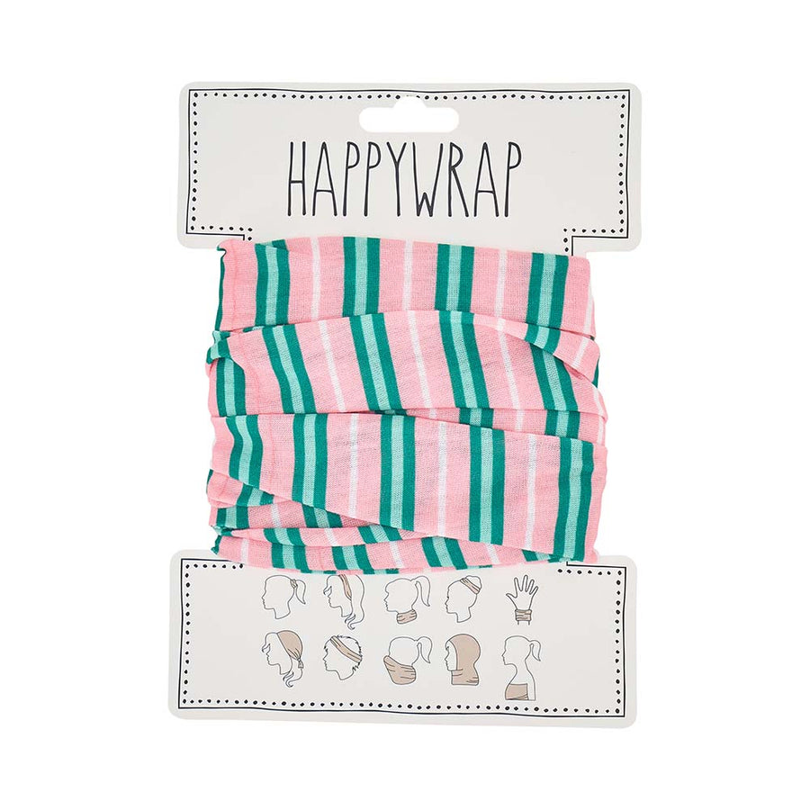 Packaged pink and green striped headbands with 'Happywrap' branding on a white background