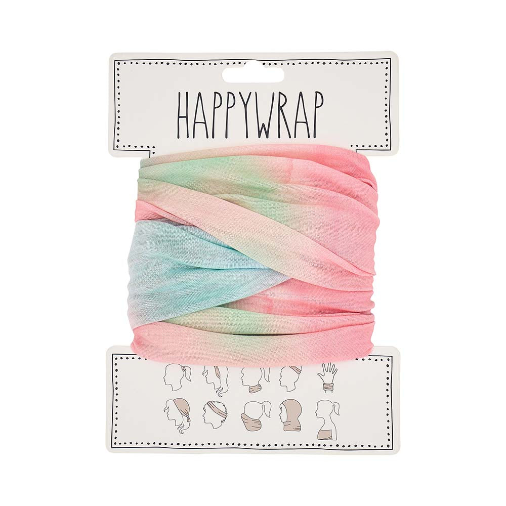 Pastel-colored hair wrap on a Happywrap branded card with illustrations below.