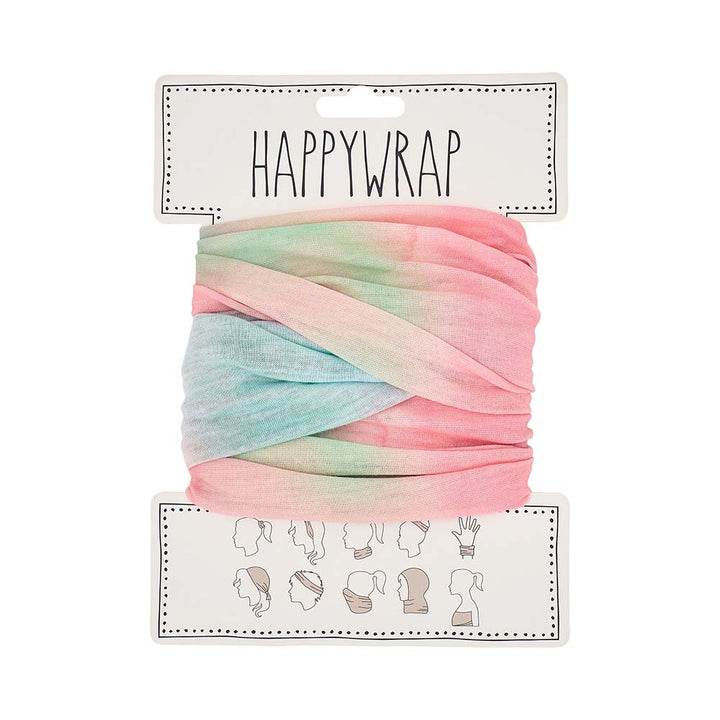 Pastel-colored hair wrap on a Happywrap branded card with illustrations below.