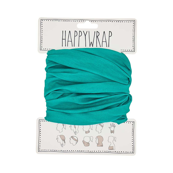 Turquoise headband on a Happywrap branded card with illustrations on a white background