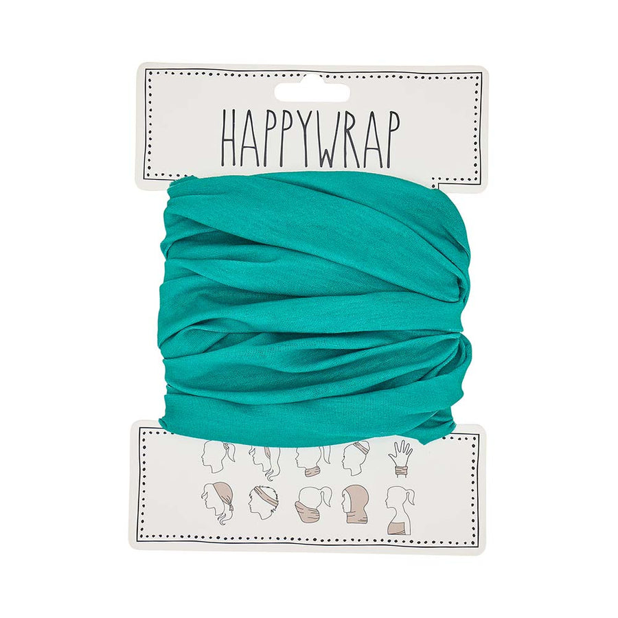 Turquoise headband on a Happywrap branded card with illustrations on a white background