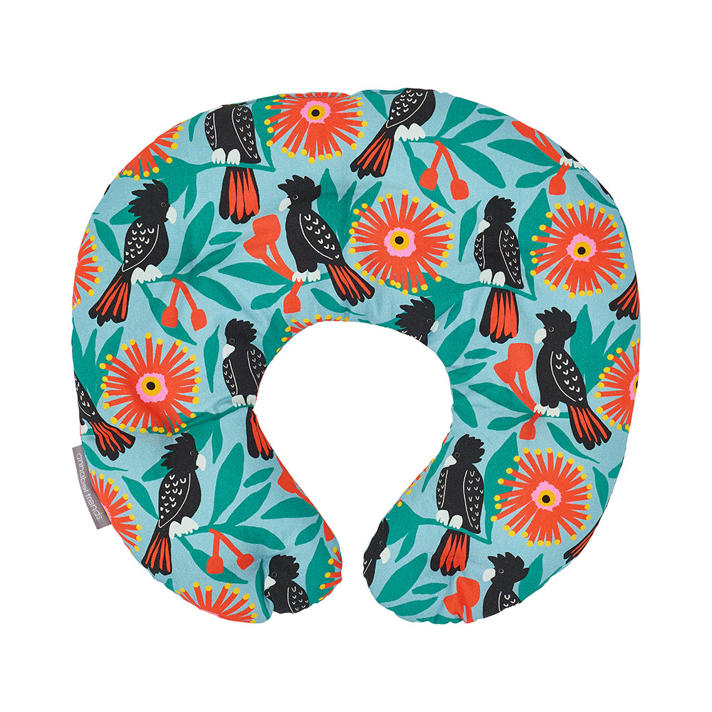 blue cotton neck heat pillow with black cockatoo