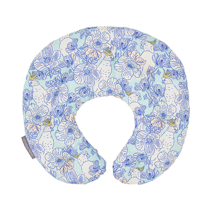 neck heat pillow with pal blue print of cockatoos