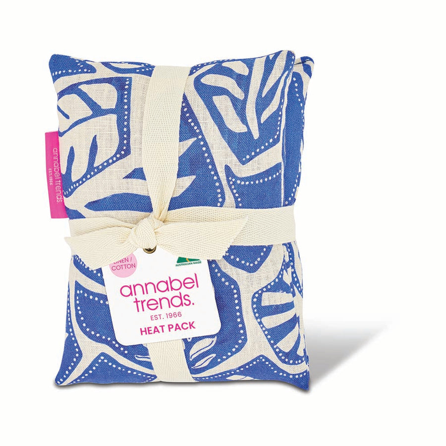 Heat pack with blue and white leaf pattern and 'annabel Trends' label on a white background