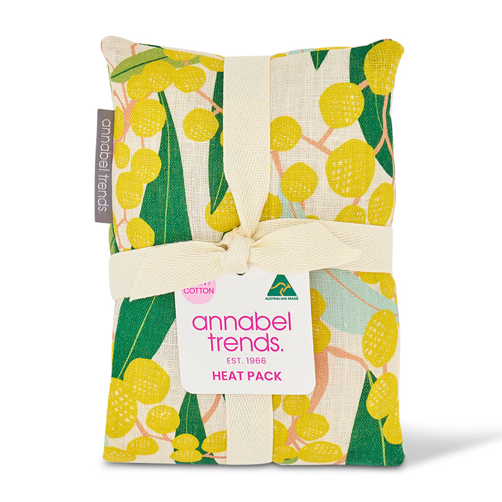 Heat pack with yellow wattle design and 'annabel Trends' branding on a white background