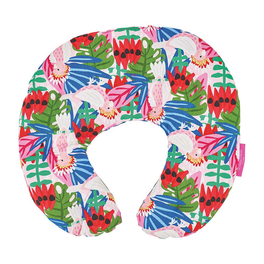 Colorful neck pillow with tropical leaf and flamingo pattern on a white background