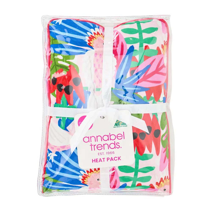 Colorful floral-patterned heat pack with 'annabel trends' branding on a white background
