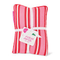 Pink and red striped pillow with a visible brand tag on a white background