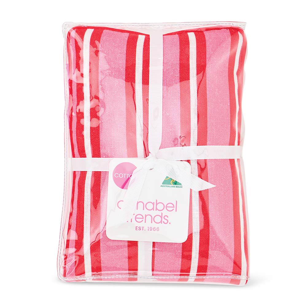 Packaged red and white striped towel with a visible brand label on a white background