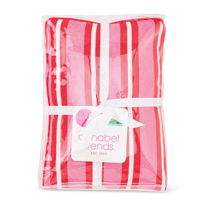 Packaged red and white striped towel with a visible brand label on a white background