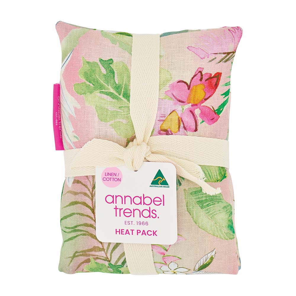 Floral patterned heat pack with 'annabel trends' label on a white background