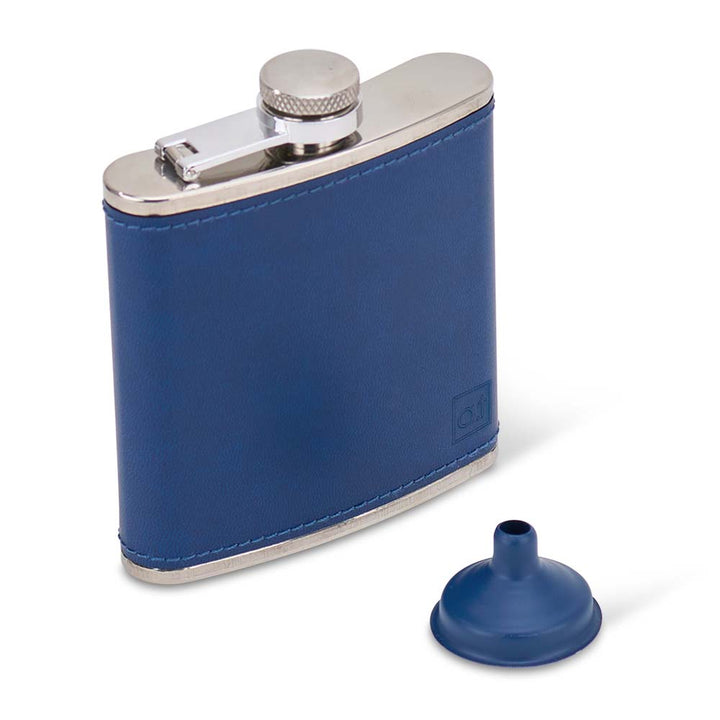 Blue leather flask with silver cap and blue funnel on a white background