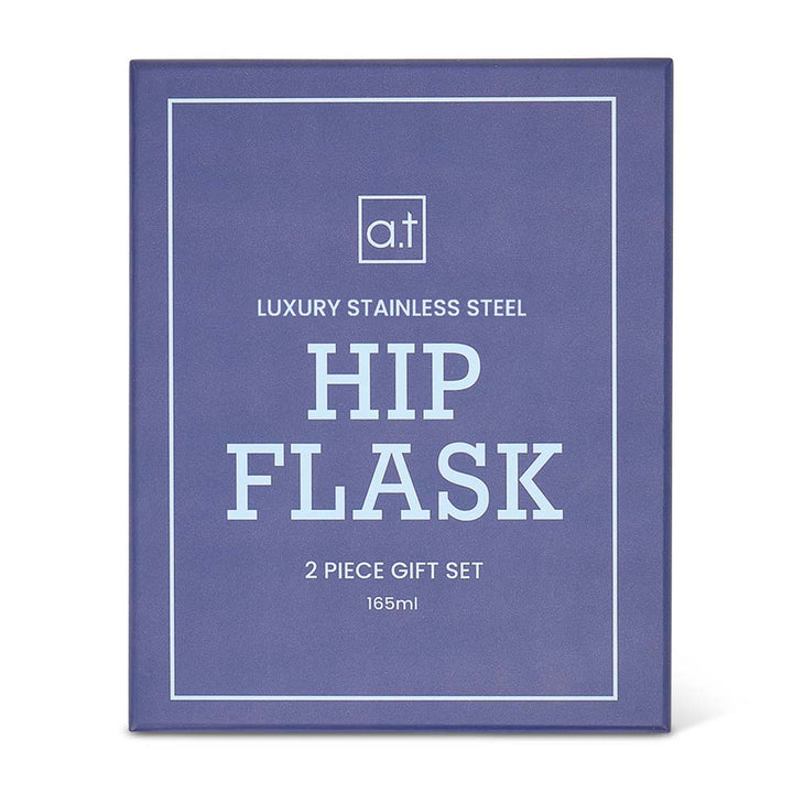 Blue box packaging for a luxury stainless steel hip flask set on a white background