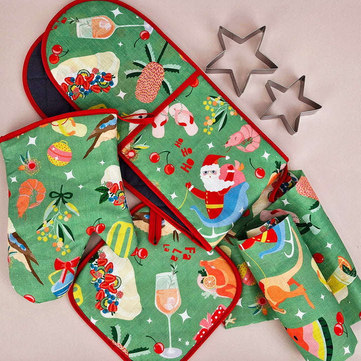 Holiday Green - Tea Towel - Pot Holiday - Double Mitt- Oven Mitt - Christmas