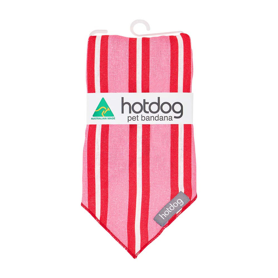 Red and pink striped pet bandana with 'hotdog' branding on a white background