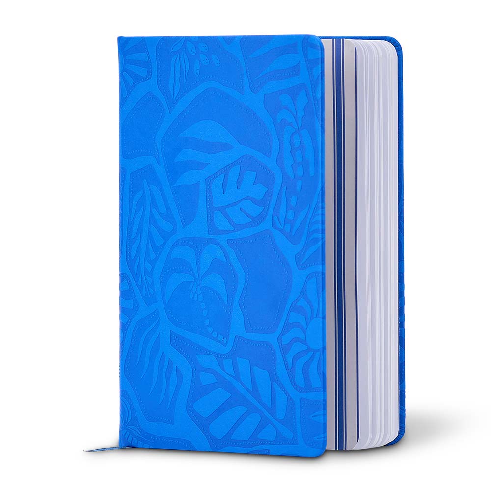 Blue notebook with white interior on a white background