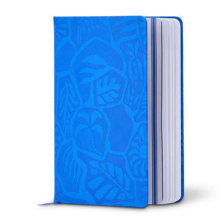 Blue notebook with white interior on a white background