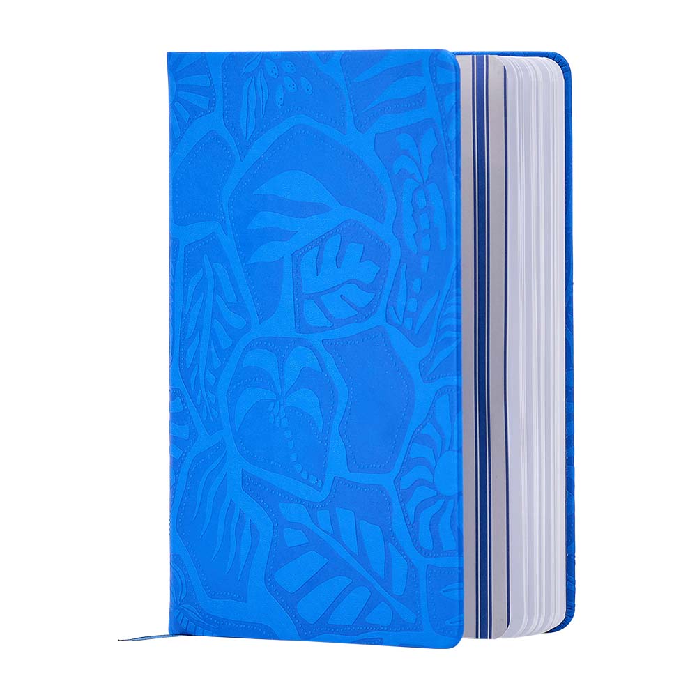Blue notebook with a white interior on a white background