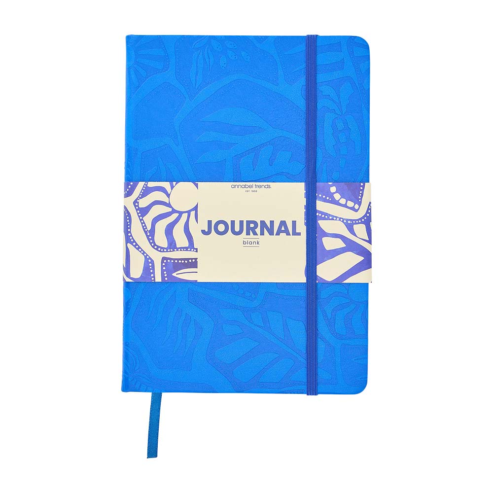 Blue journal with a decorative band and 'Journal' label on a white background
