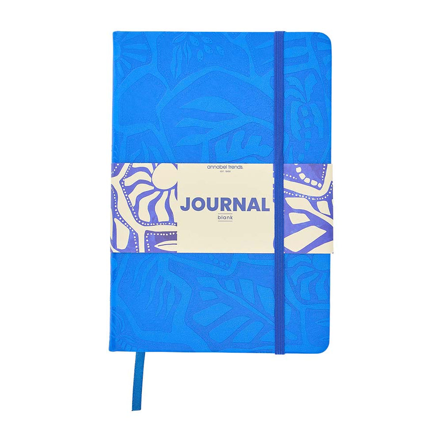 Blue journal with a decorative band and 'Journal' label on a white background