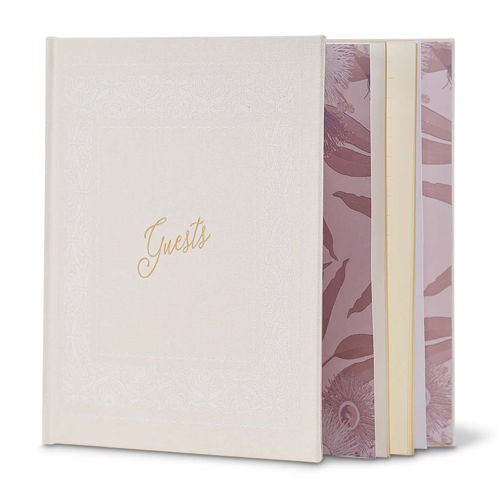 Guestbook with floral design on a white background