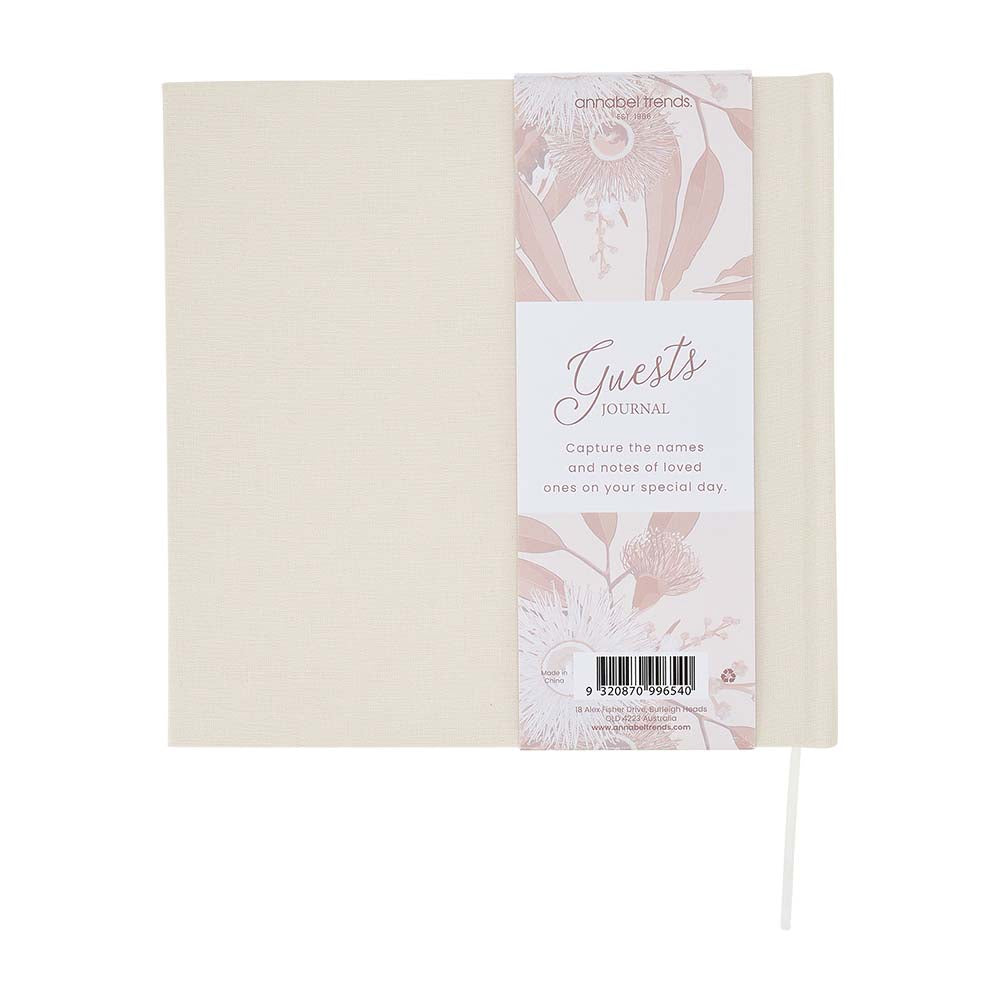 Beige guest book with floral design packaging on a white background
