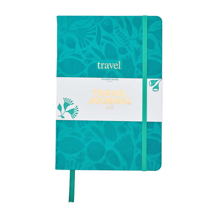 Teal travel journal with decorative patterns on a white background