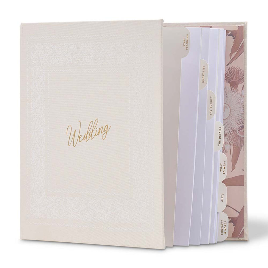 Wedding album with gold text on a white background