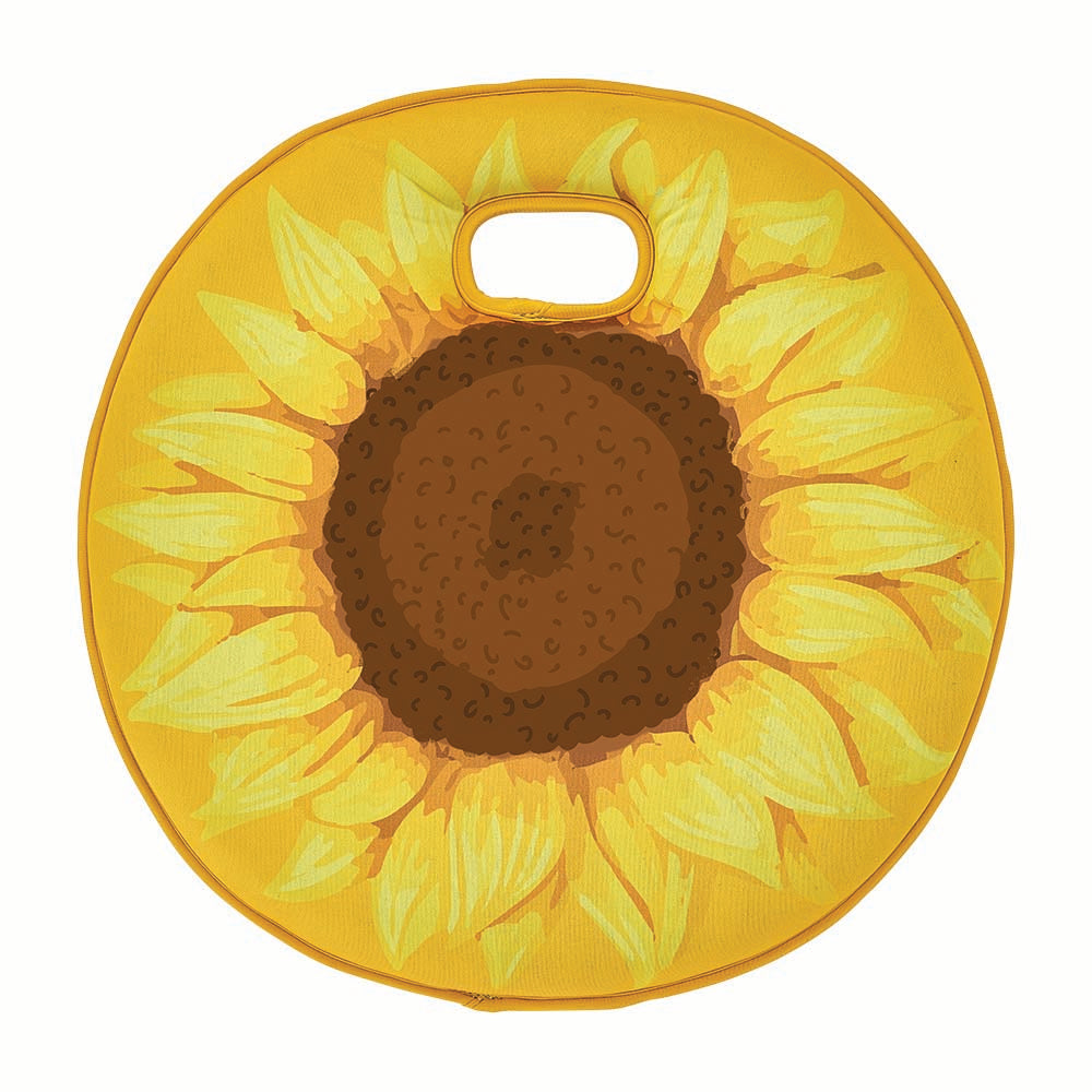 Round sunflower-shaped Kneeling mat with a handle on a white background