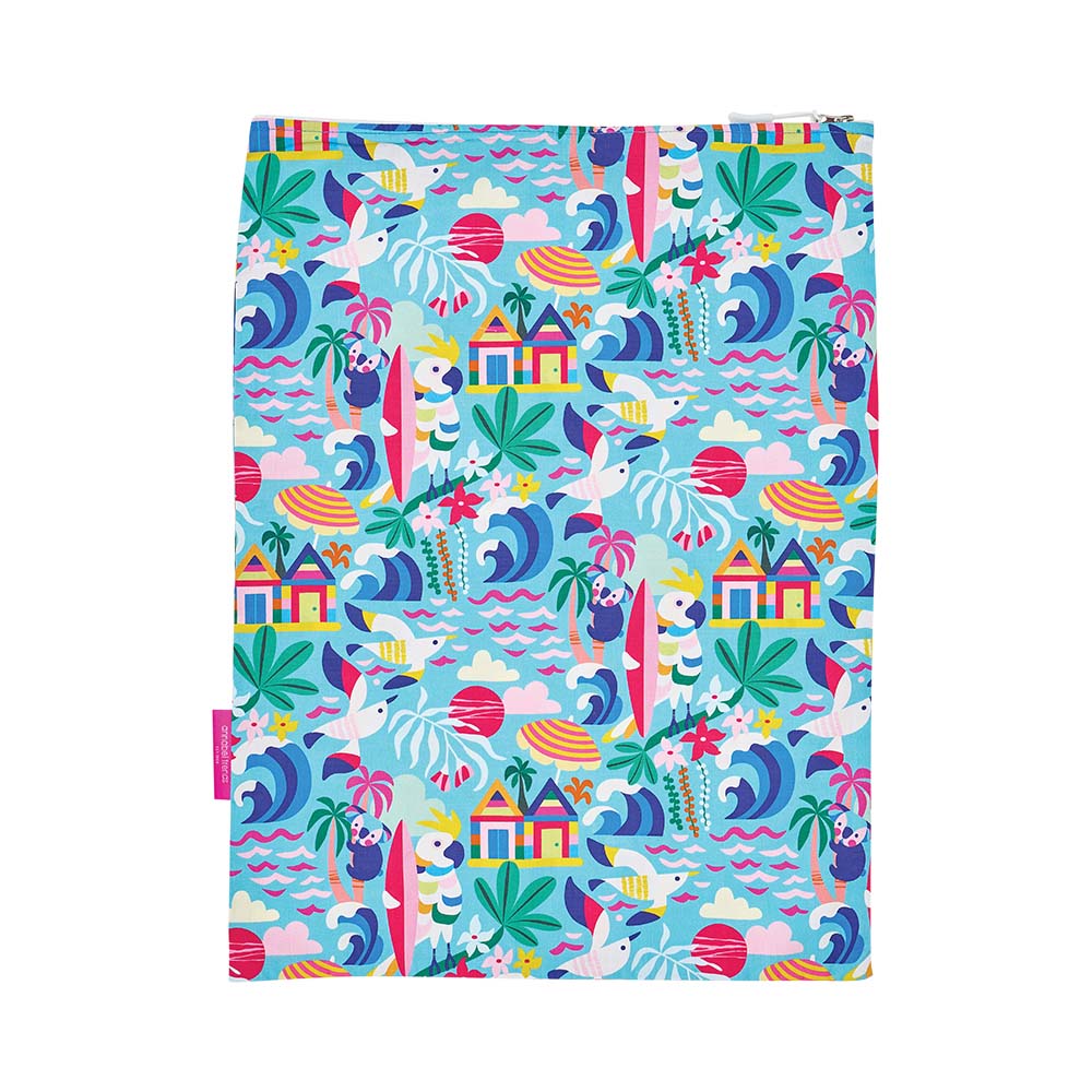 Colorful beach-themed patterned laundry bag on a white background