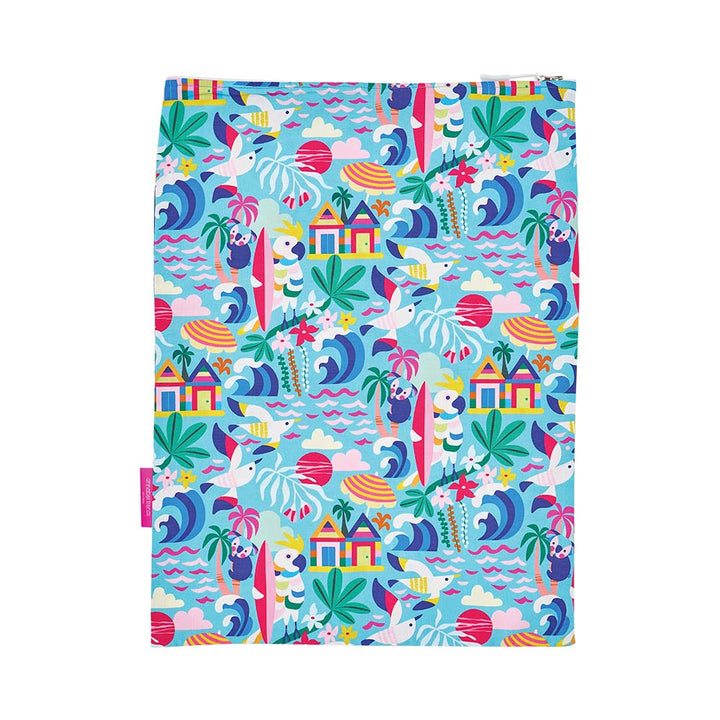 Colorful beach-themed patterned laundry bag on a white background