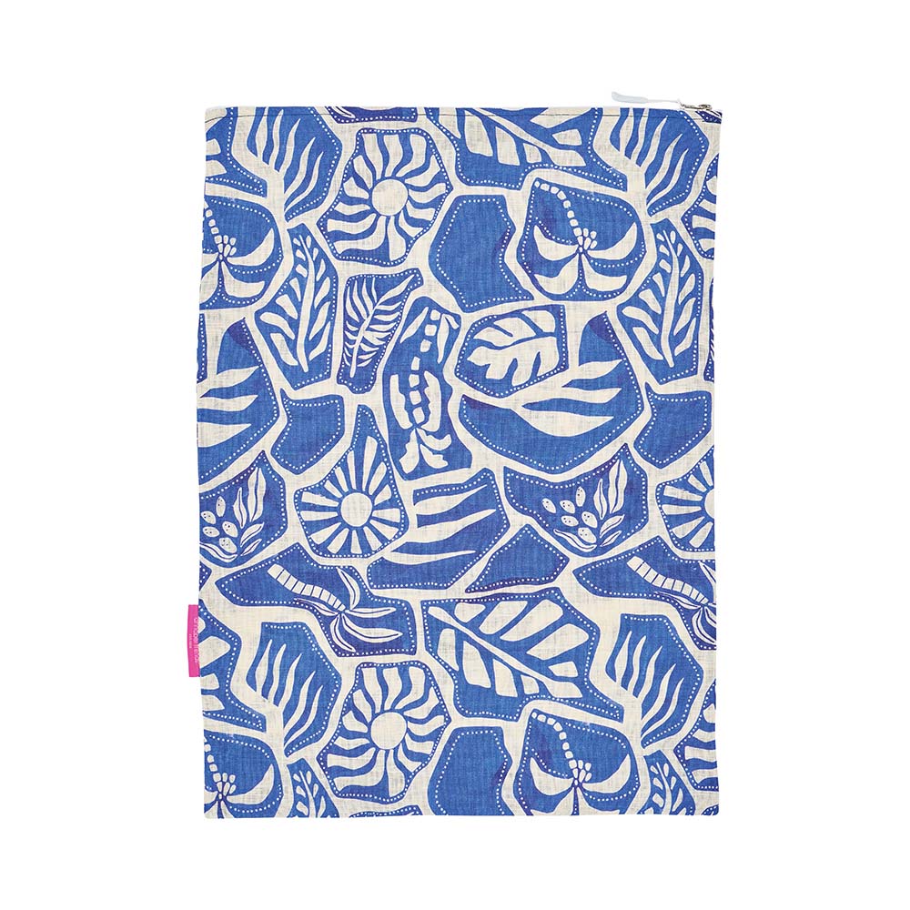 Laundry bag with blue and white floral pattern on a white background