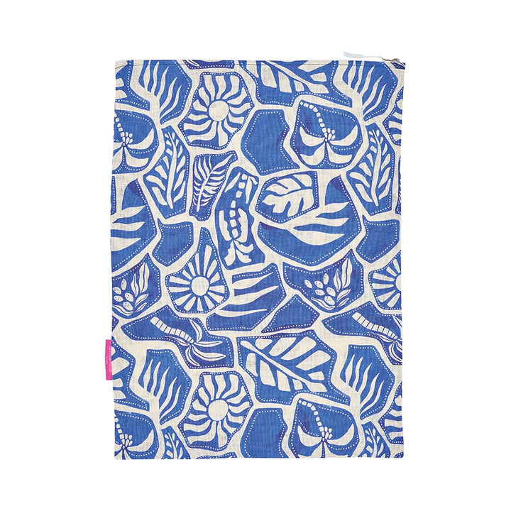 Laundry bag with blue and white floral pattern on a white background