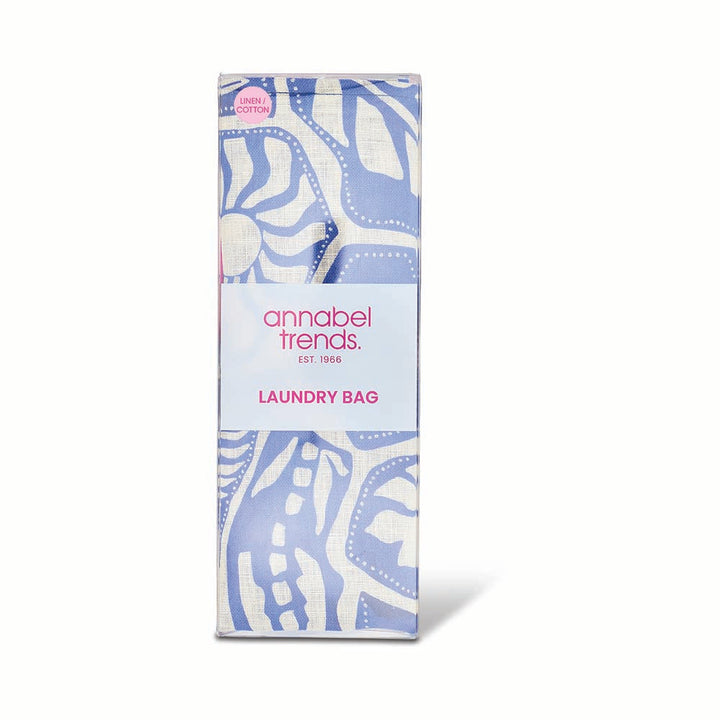 Box of Annabel Trends laundry bag with blue and white design on a white background